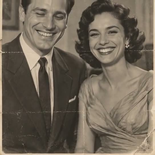 Frame from a MoveFrame smile video: a fictional 1950s couple both breaking into smiles