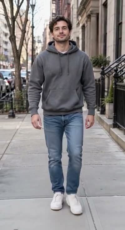 Frame from a MoveFrame walking video: a fictional man walking down a city street toward the camera