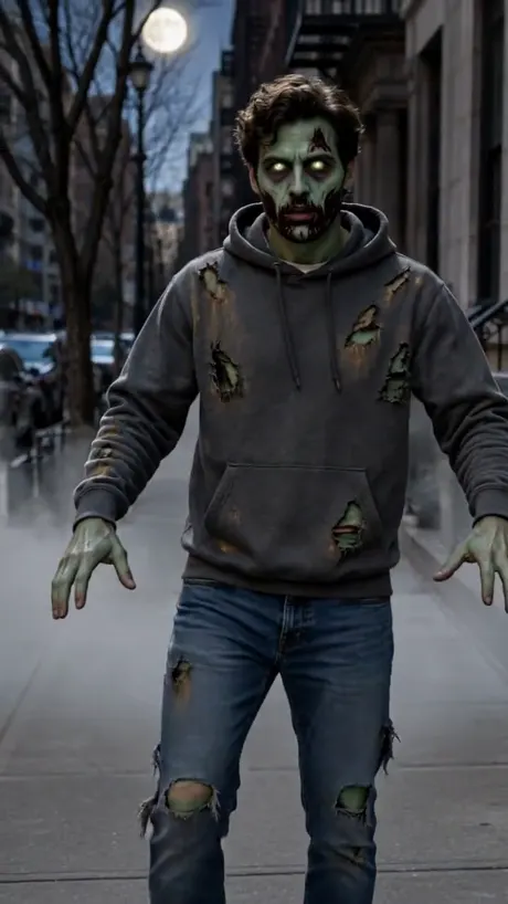 Frame from a MoveFrame zombie video: a fictional man in green-grey Halloween makeup shuffling in fog